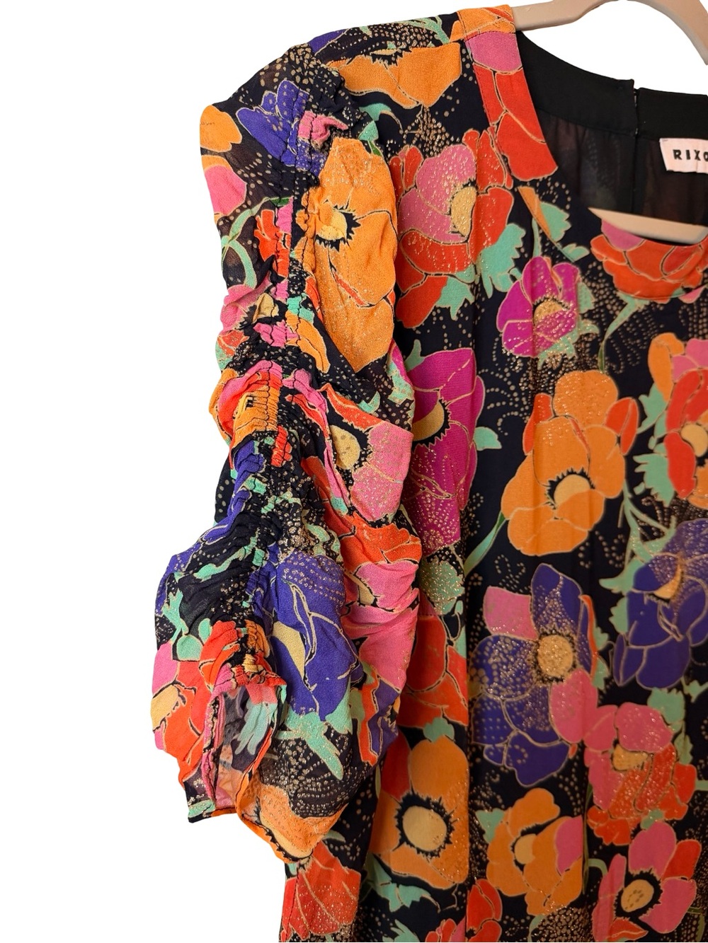 RIXO Dion Glitter Floral Print Georgette Mini Dress Ruched Sleeve Boho London XL - Picture 5 of 12